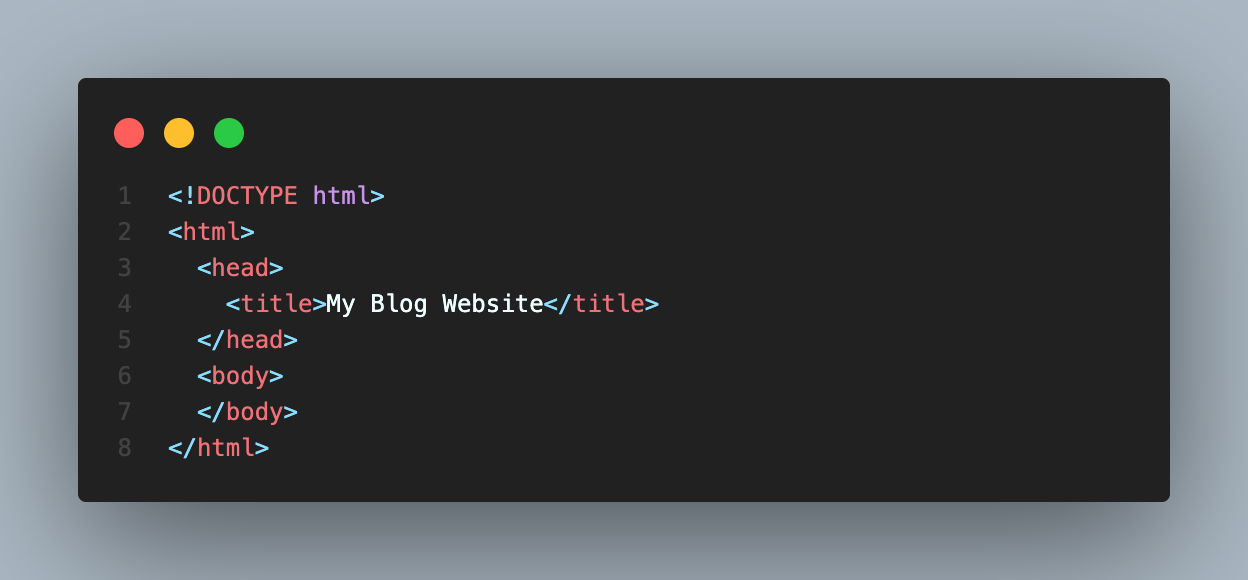 Code snippet for setting up the basic HTML structre for creating a blog website